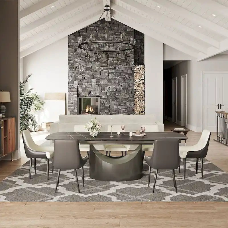 Modern Dining Table with Rectangular Sintered Stone Tabletop, Carbon Steel Leg, Minimalist Kitchen Dining Room Table