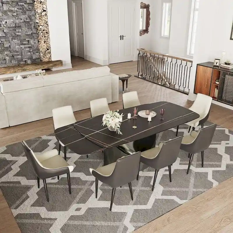 Modern Dining Table with Rectangular Sintered Stone Tabletop, Carbon Steel Leg, Minimalist Kitchen Dining Room Table