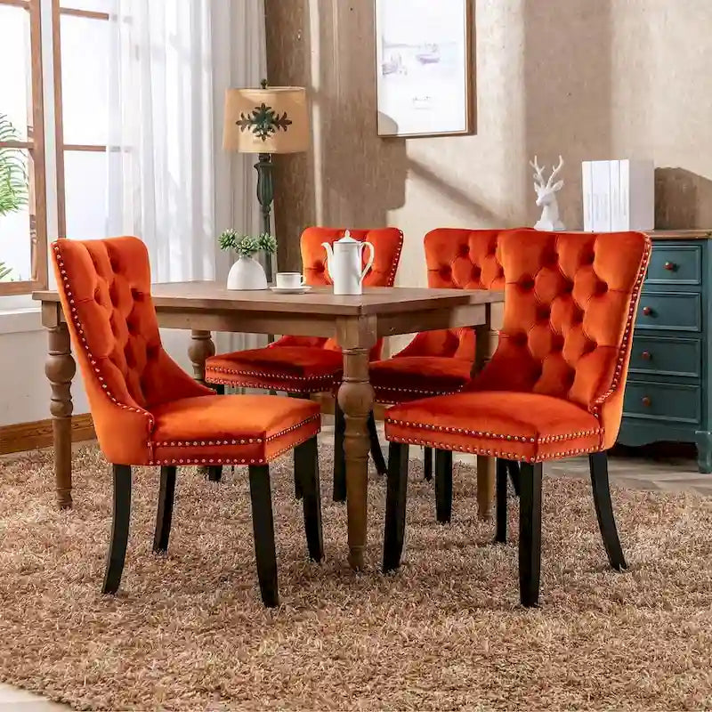 Tufted Solid Wood Contemporary Velvet Upholstered Dining Chairs with Nailhead Trim & Wood Legs, 2-Pcs Set