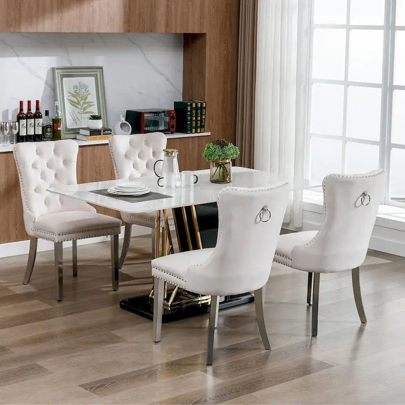 Tufted Solid Wood Contemporary Velvet Upholstered Dining Chairs with Nailhead Trim & Wood Legs, 2-Pcs Set