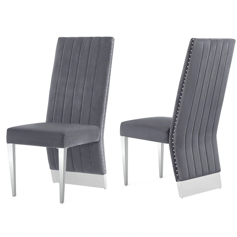 Modern Channel High Back Dining Chairs with Nailhead Trims and Polished Metal Legs