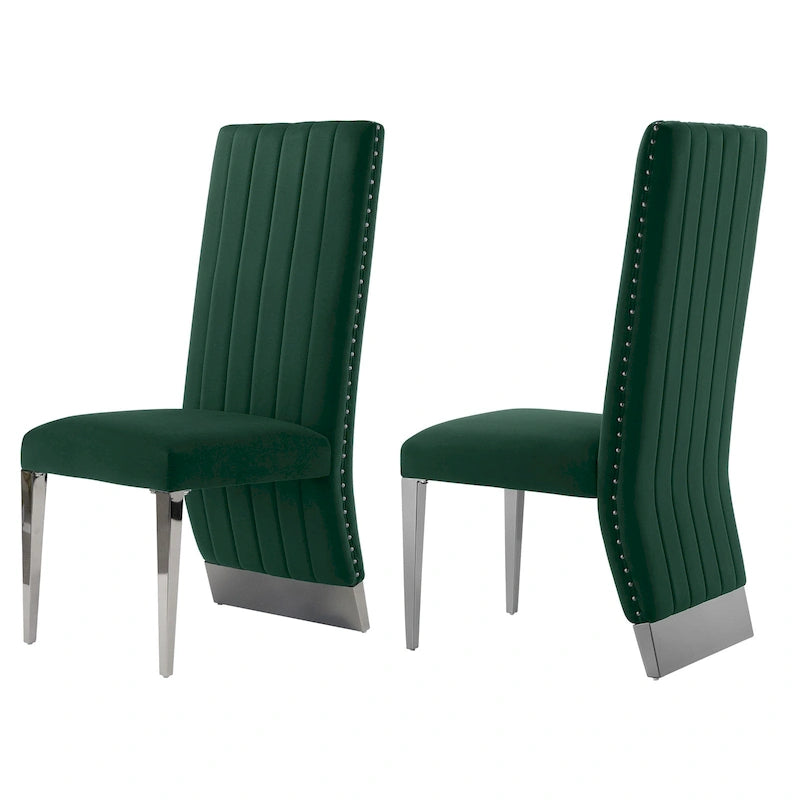 Modern Channel High Back Dining Chairs with Nailhead Trims and Polished Metal Legs