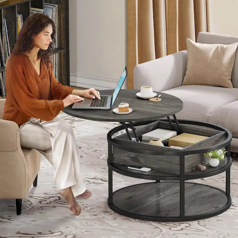 Moasis Round Lift Top Coffee Table with Hidden Storage and Shelf