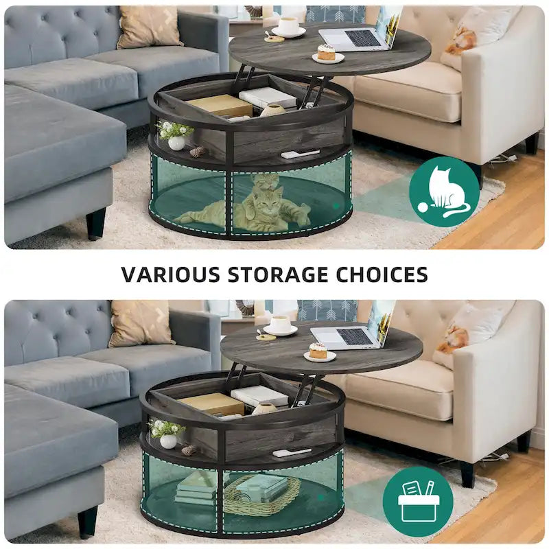 Moasis Round Lift Top Coffee Table with Hidden Storage and Shelf