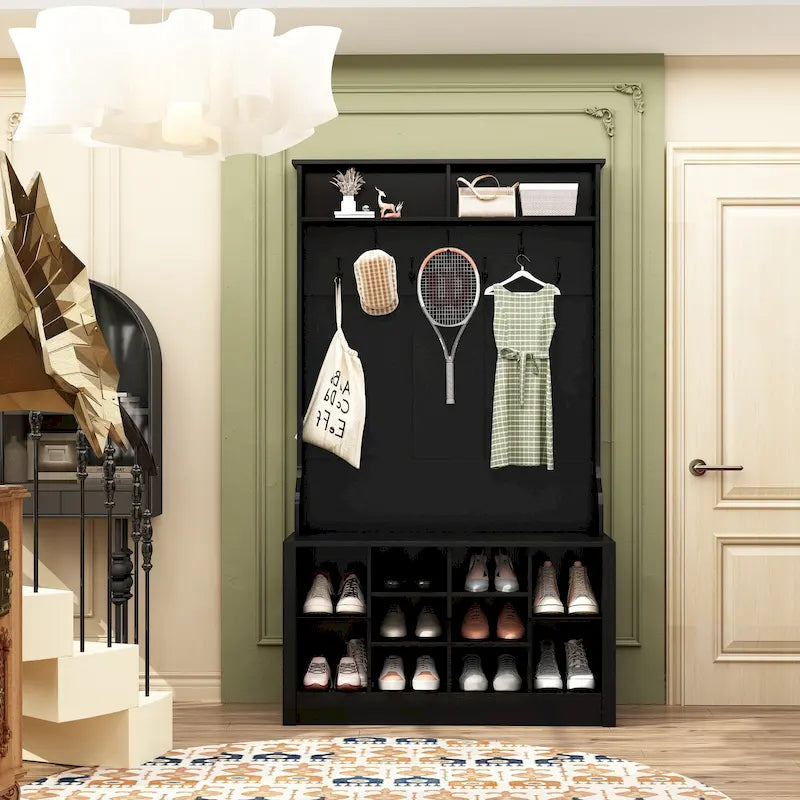 Entryway Hall Trees Bench Shoe Storage Cabinet Coat Rack Hooks White