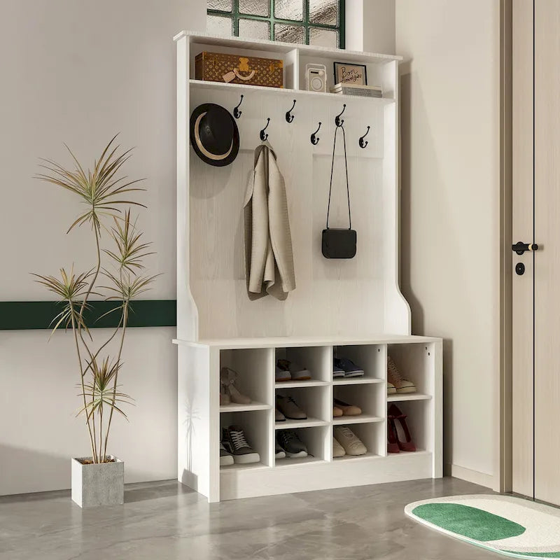 Entryway Hall Trees Bench Shoe Storage Cabinet Coat Rack Hooks White