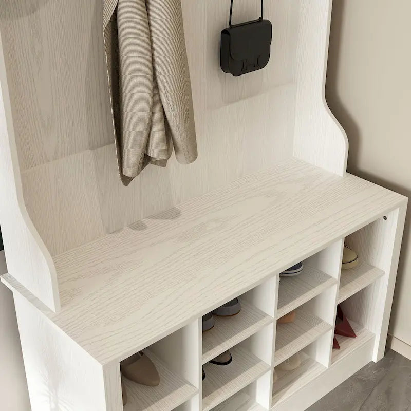 Entryway Hall Trees Bench Shoe Storage Cabinet Coat Rack Hooks White