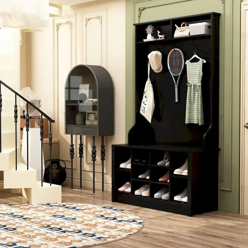 Entryway Hall Trees Bench Shoe Storage Cabinet Coat Rack Hooks White