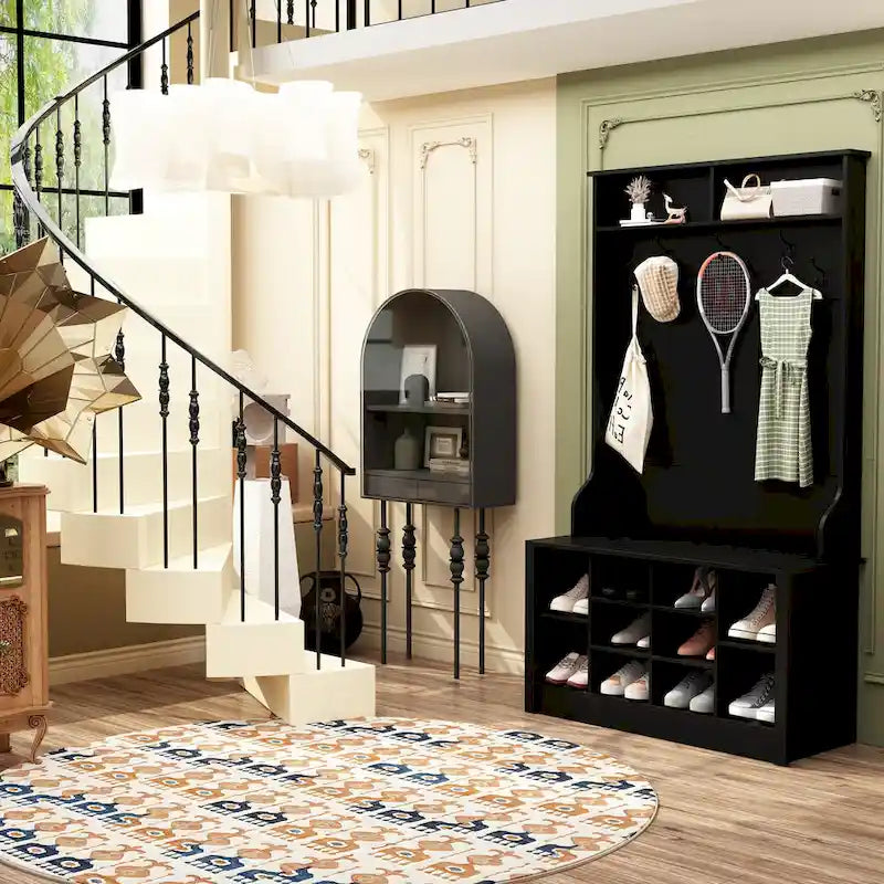 Entryway Hall Trees Bench Shoe Storage Cabinet Coat Rack Hooks White