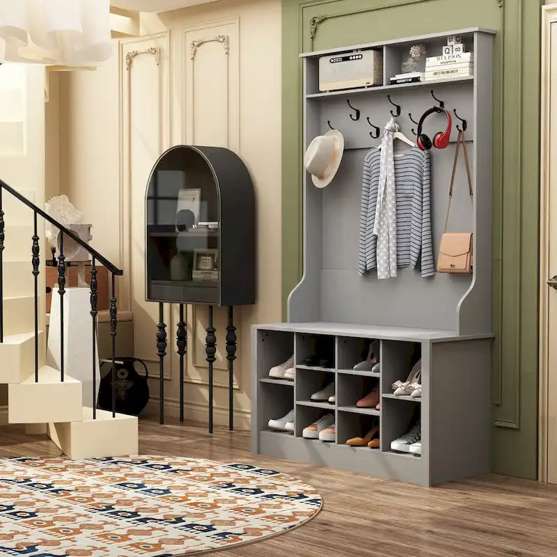 Entryway Hall Trees Bench Shoe Storage Cabinet Coat Rack Hooks White