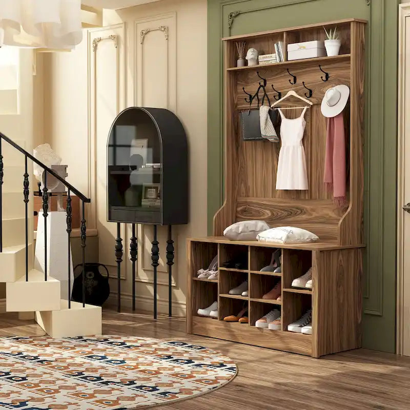 Entryway Hall Trees Bench Shoe Storage Cabinet Coat Rack Hooks White