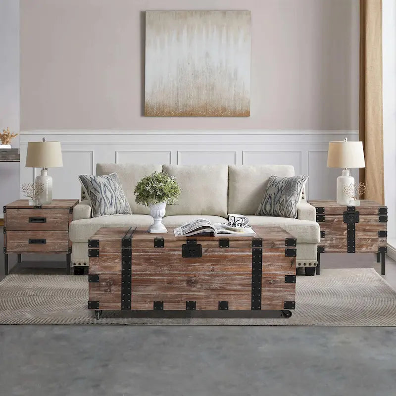 Antique Reclaimed Wood Gray Trunk and Side Table, Set of 3
