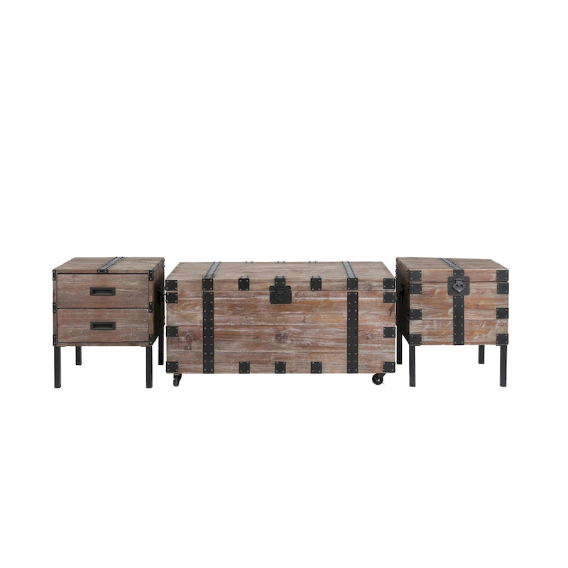 Antique Reclaimed Wood Gray Trunk and Side Table, Set of 3