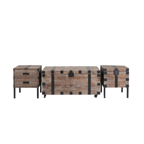 Antique Reclaimed Wood Gray Trunk and Side Table, Set of 3