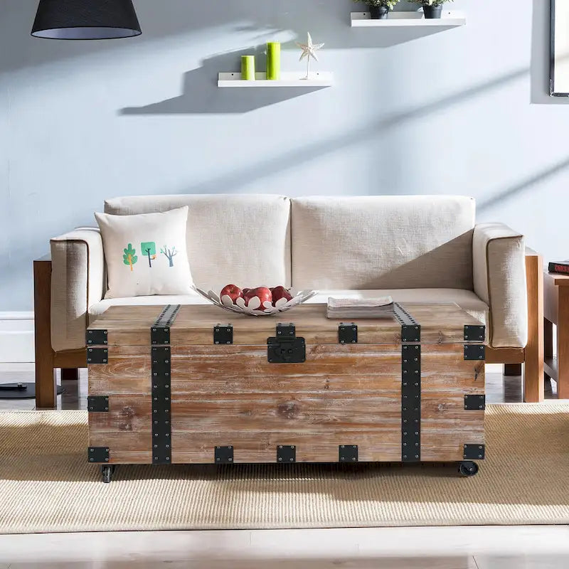 Antique Reclaimed Wood Gray Trunk and Side Table, Set of 3