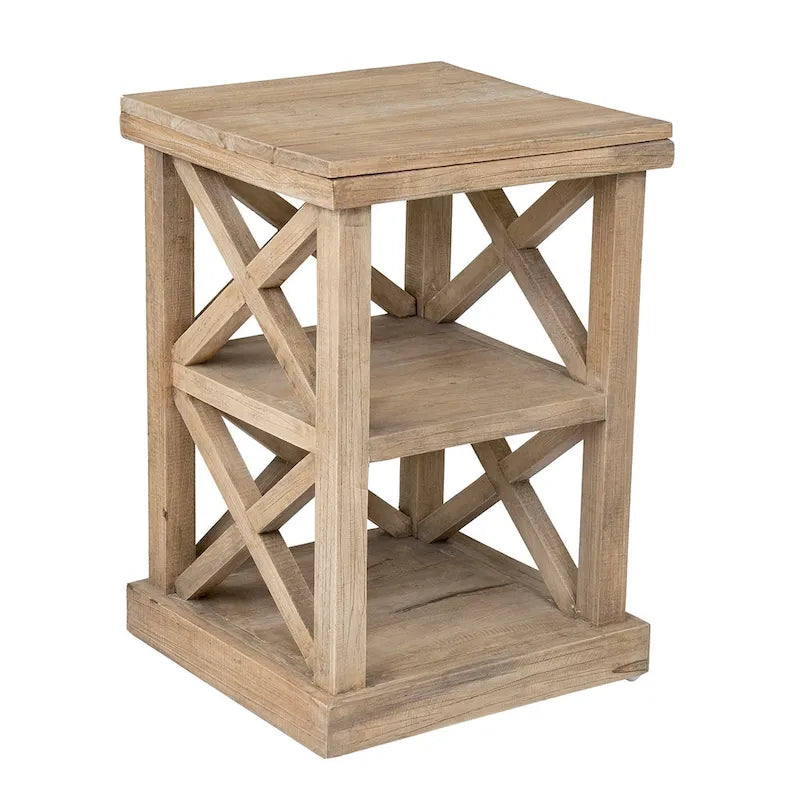 Distressed Natural Mindi Wood Cross Frame End Table by East at Main