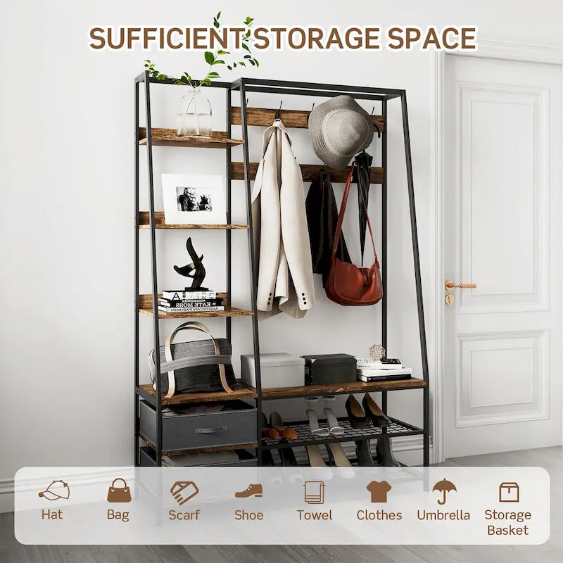 Hall Tree with Bench and Shoe Storage 6 in1 Entryway Organizer
