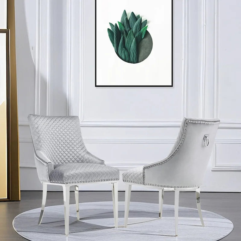 Modern Light Grey Velvet Dining Chairs with Mirrored Silver Legs