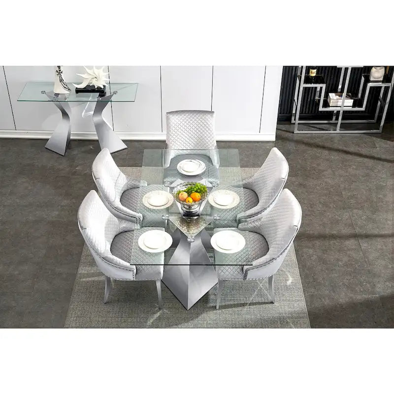 Modern Light Grey Velvet Dining Chairs with Mirrored Silver Legs