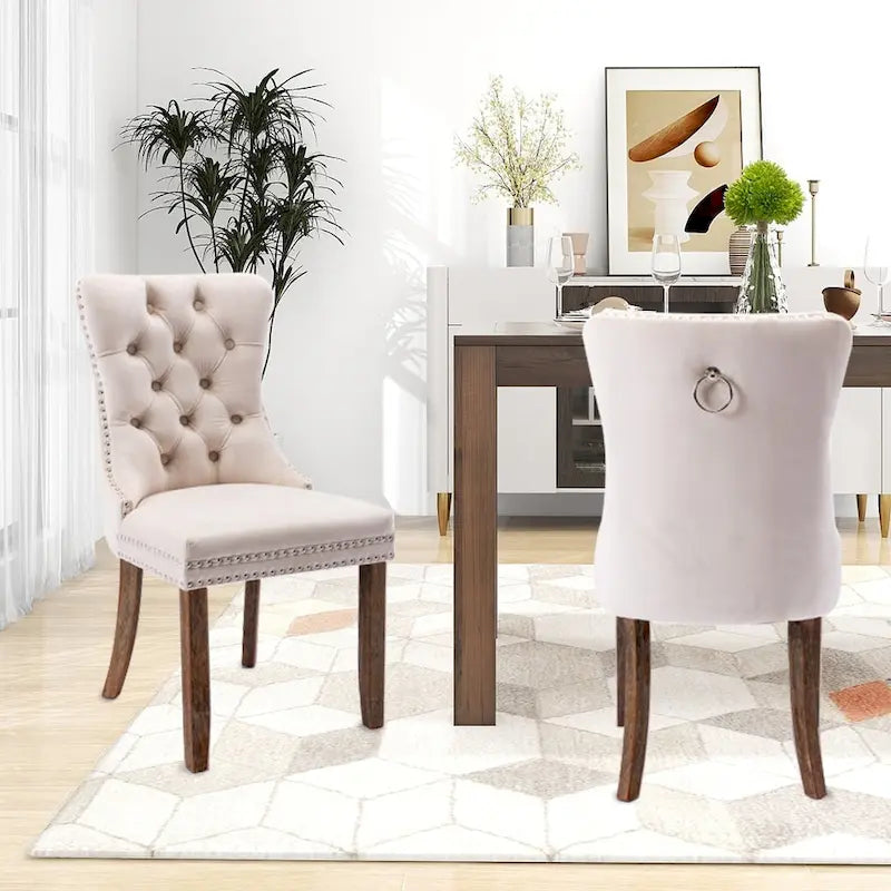 Set of 2 Velvet Dining Chairs,Tufted Solid Wood Armless Chairs Accent Chair with Nailhead Trim and Back Ring Pull - N/A
