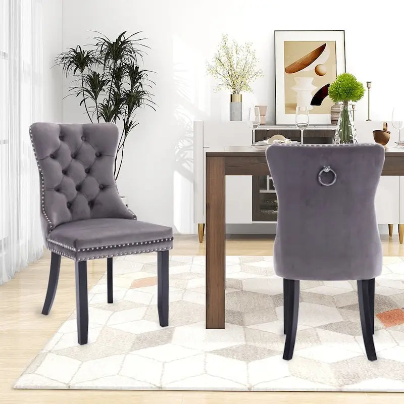 Set of 2 Velvet Dining Chairs,Tufted Solid Wood Armless Chairs Accent Chair with Nailhead Trim and Back Ring Pull - N/A