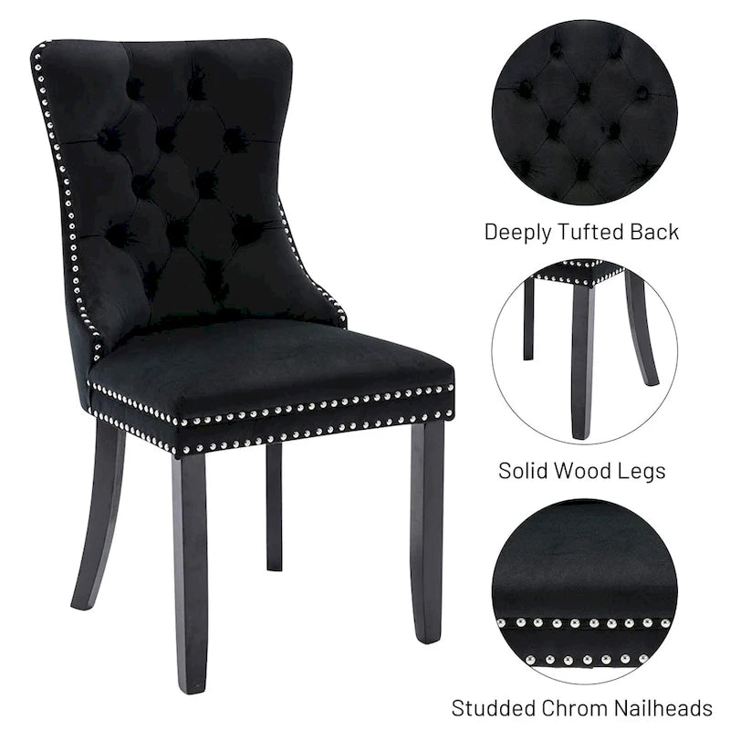 Set of 2 Velvet Dining Chairs,Tufted Solid Wood Armless Chairs Accent Chair with Nailhead Trim and Back Ring Pull - N/A