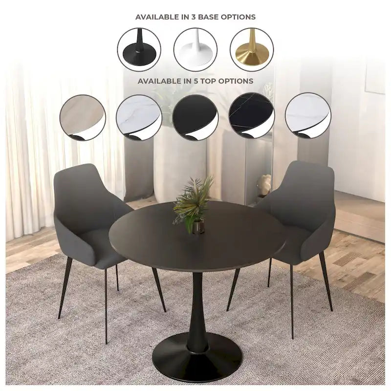 Bristol 32 Mid Century Modern Round Dining Table, MDF Wood Top & Glossy Iron Pedestal Base for Kitchen & Dining Room