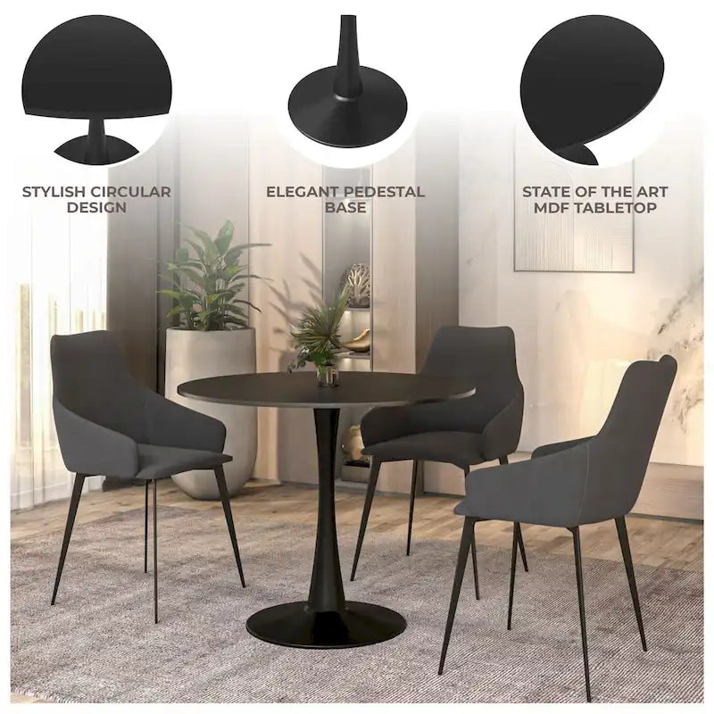 Bristol 32 Mid Century Modern Round Dining Table, MDF Wood Top & Glossy Iron Pedestal Base for Kitchen & Dining Room
