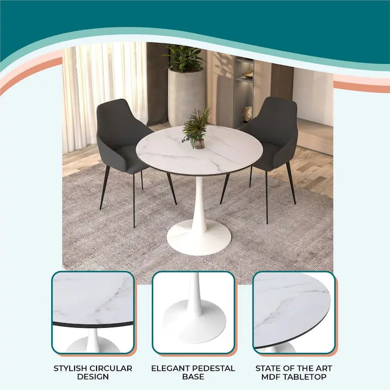 Bristol 32 Mid Century Modern Round Dining Table, MDF Wood Top & Glossy Iron Pedestal Base for Kitchen & Dining Room