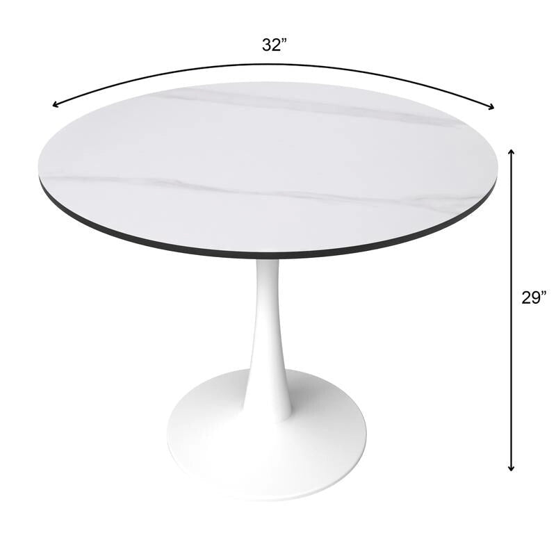 Bristol 32 Mid Century Modern Round Dining Table, MDF Wood Top & Glossy Iron Pedestal Base for Kitchen & Dining Room