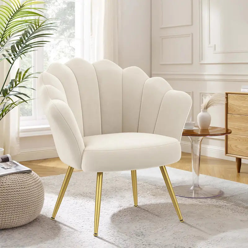 Andeworld accent chair for living room,Velvet Gold Cute Vanity Chair with Back for Makeup Room, Upholstered Shell Shaped Office