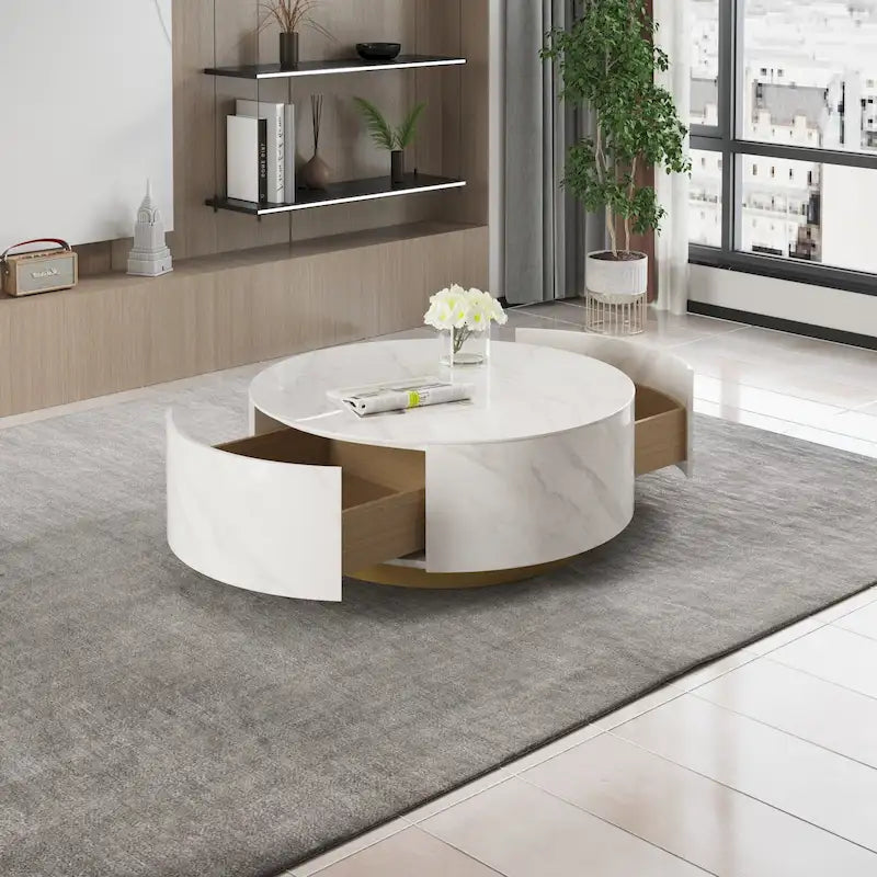 Modern Round Coffee Table, White Sintered Stone Tabletop with 2 Drawers