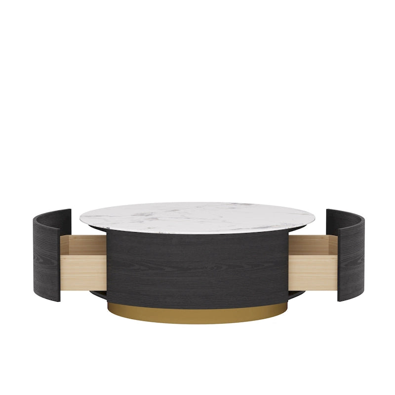 Modern Round Coffee Table, White Sintered Stone Tabletop with 2 Drawers
