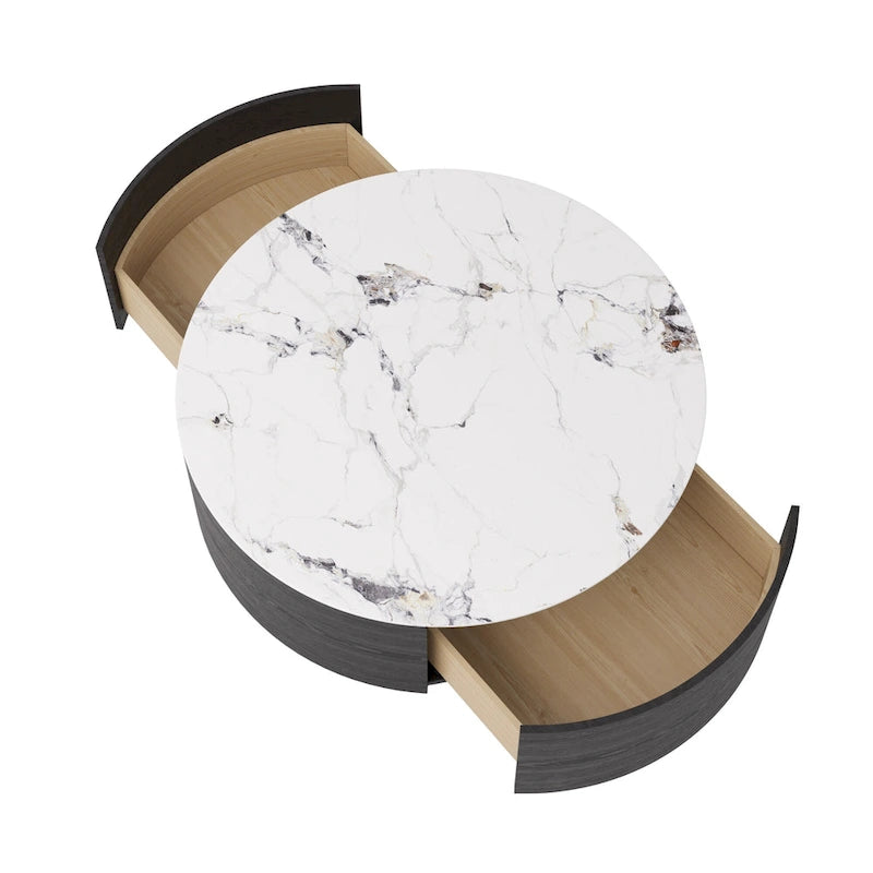 Modern Round Coffee Table, White Sintered Stone Tabletop with 2 Drawers