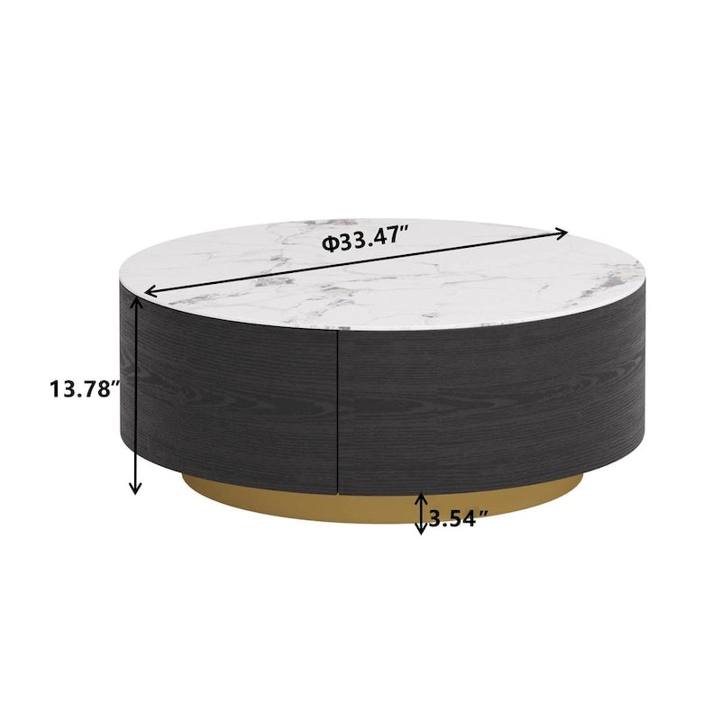 Modern Round Coffee Table, White Sintered Stone Tabletop with 2 Drawers