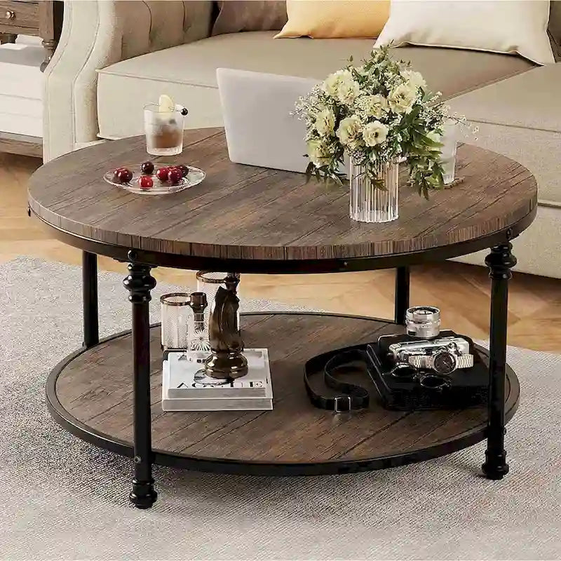 30.3in Wood Circle Coffee Table, with Storage Shelf, Metal Legs