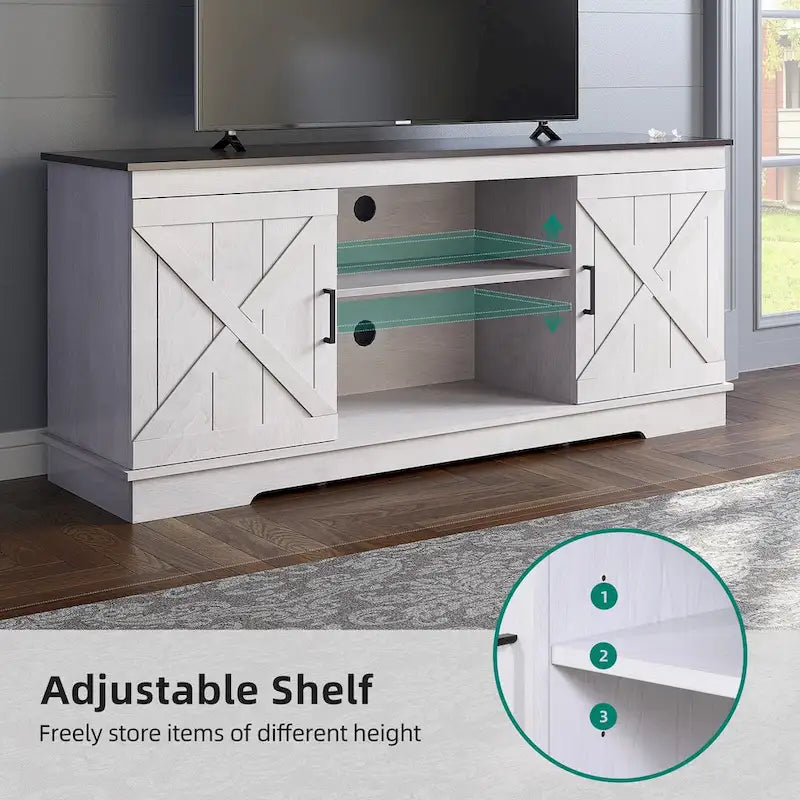 Evelynn Wood Farmhouse TV Stand for 65 Inch TV Sliding Barn Doors Grey White