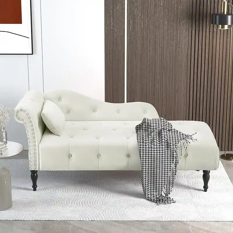 60W Velvet Chaise Lounge, Tufted with Pillow & Nailhead Decorate - 60.6W x 27.5D x 28.3H