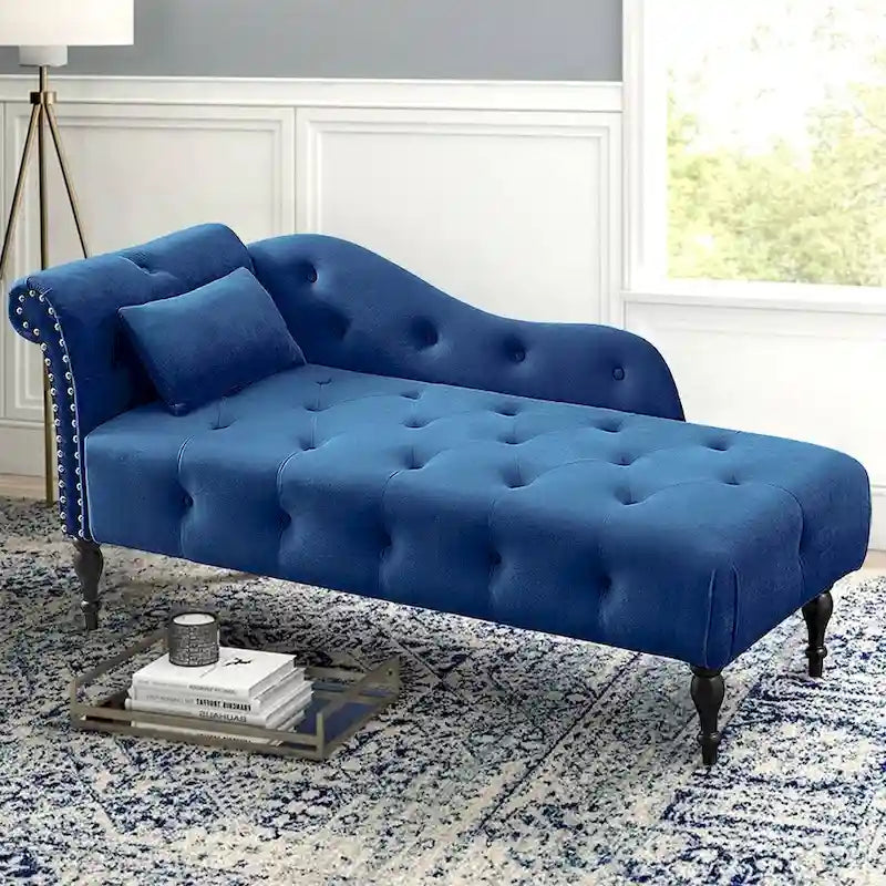 60W Velvet Chaise Lounge, Tufted with Pillow & Nailhead Decorate - 60.6W x 27.5D x 28.3H