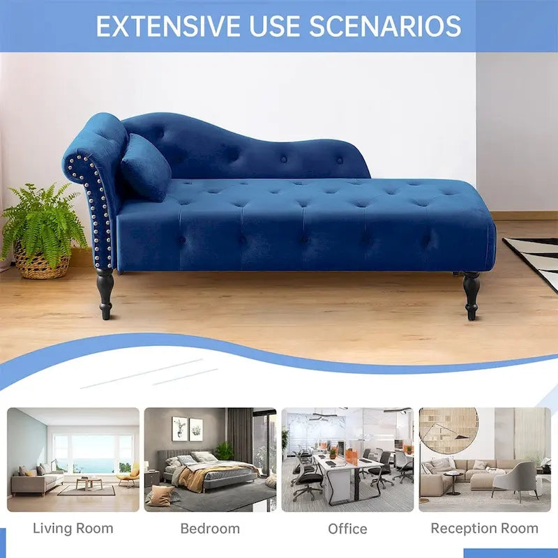 60W Velvet Chaise Lounge, Tufted with Pillow & Nailhead Decorate - 60.6W x 27.5D x 28.3H