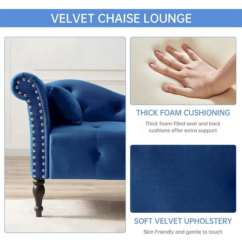60W Velvet Chaise Lounge, Tufted with Pillow & Nailhead Decorate - 60.6W x 27.5D x 28.3H