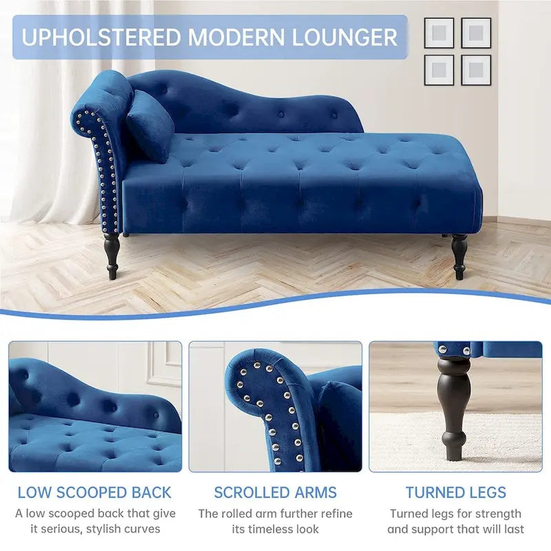 60W Velvet Chaise Lounge, Tufted with Pillow & Nailhead Decorate - 60.6W x 27.5D x 28.3H