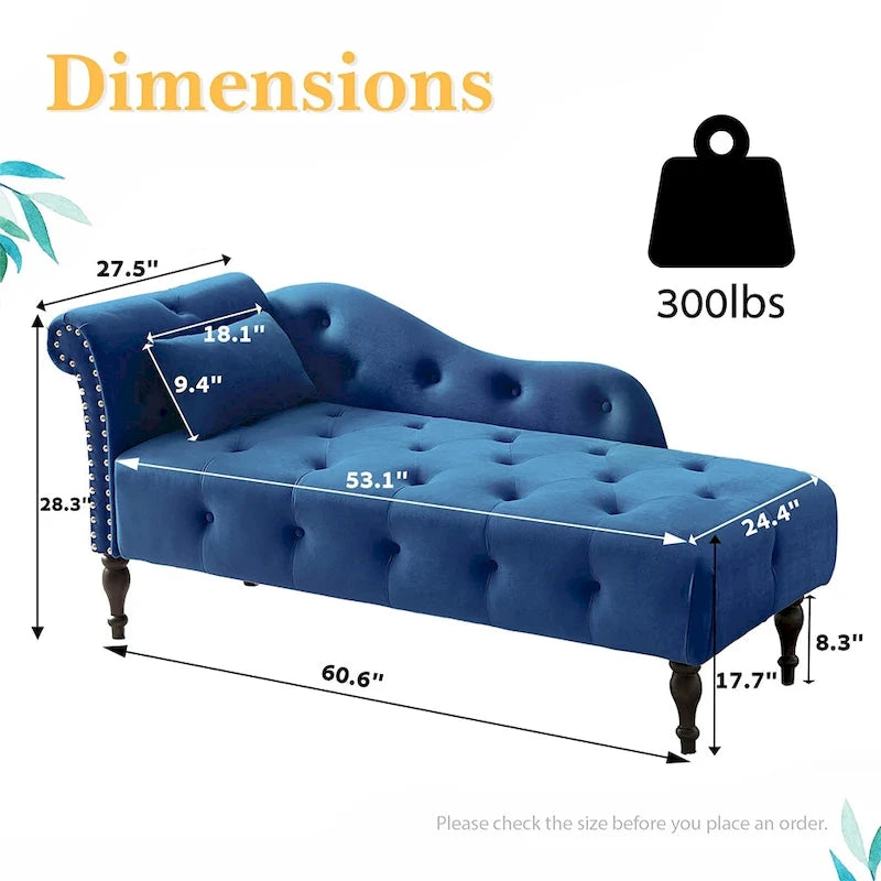60W Velvet Chaise Lounge, Tufted with Pillow & Nailhead Decorate - 60.6W x 27.5D x 28.3H