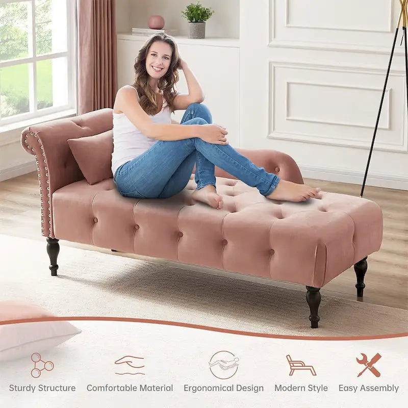 60W Velvet Chaise Lounge, Tufted with Pillow & Nailhead Decorate - 60.6W x 27.5D x 28.3H