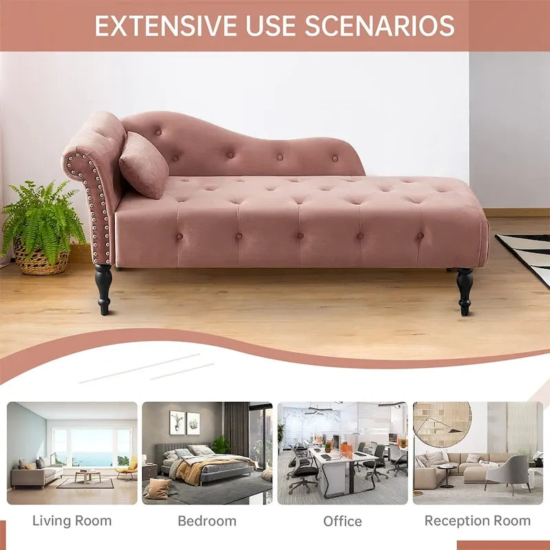 60W Velvet Chaise Lounge, Tufted with Pillow & Nailhead Decorate - 60.6W x 27.5D x 28.3H