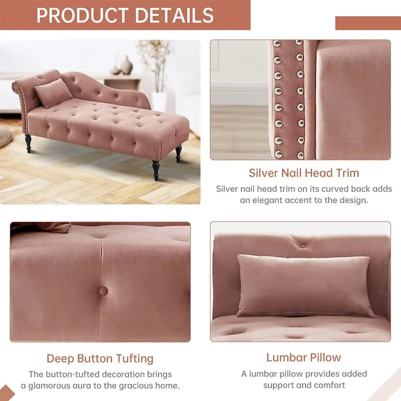 60W Velvet Chaise Lounge, Tufted with Pillow & Nailhead Decorate - 60.6W x 27.5D x 28.3H