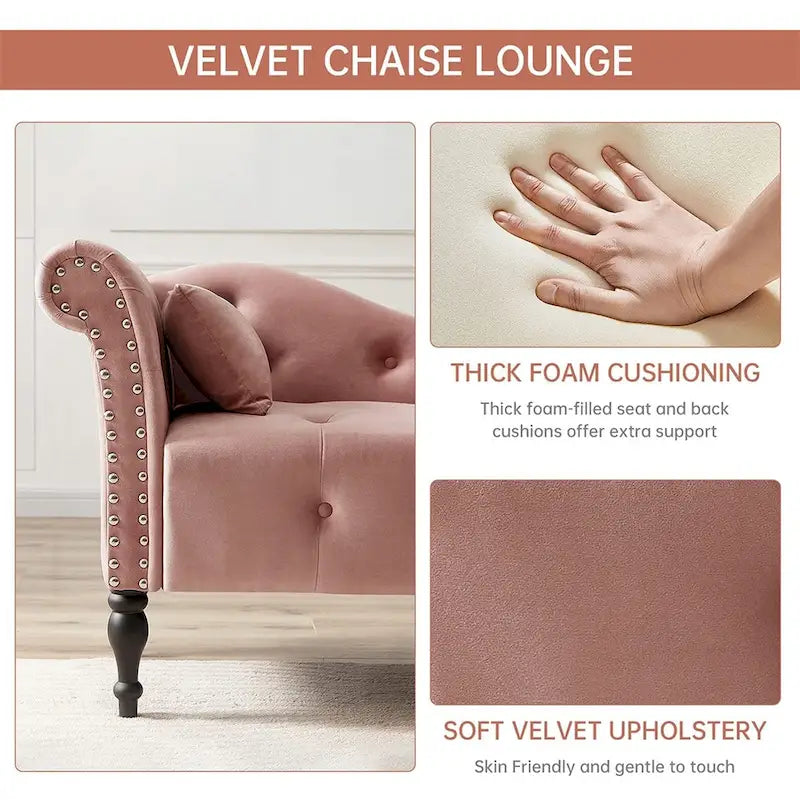 60W Velvet Chaise Lounge, Tufted with Pillow & Nailhead Decorate - 60.6W x 27.5D x 28.3H