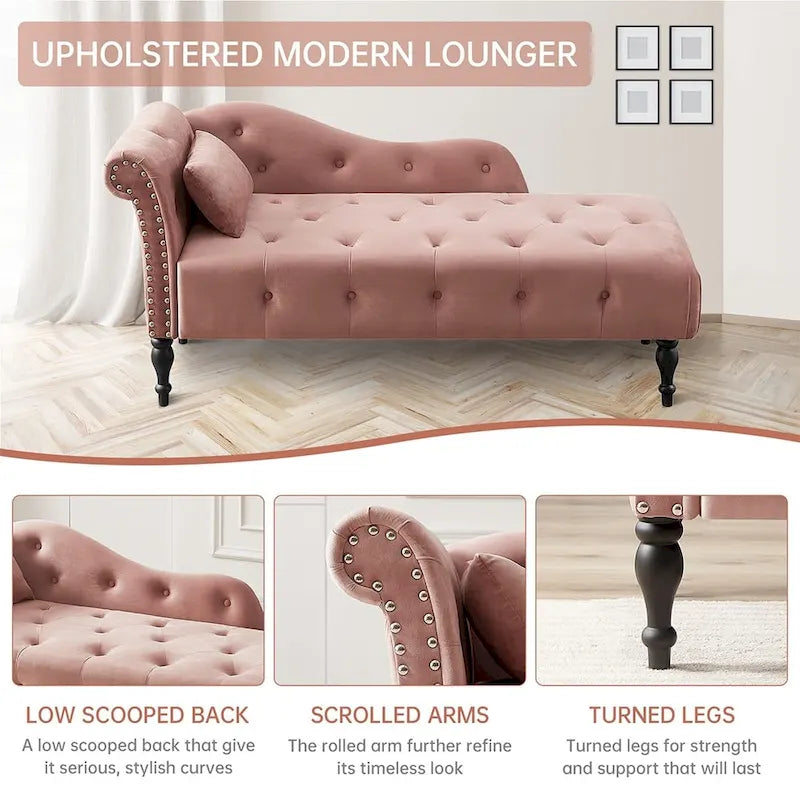60W Velvet Chaise Lounge, Tufted with Pillow & Nailhead Decorate - 60.6W x 27.5D x 28.3H