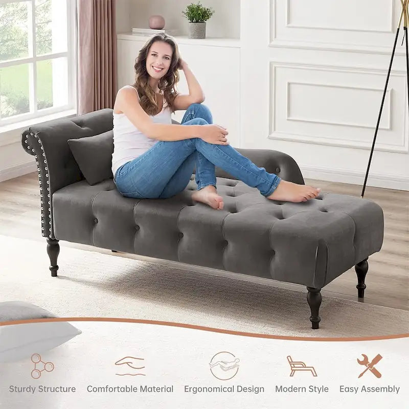 60W Velvet Chaise Lounge, Tufted with Pillow & Nailhead Decorate - 60.6W x 27.5D x 28.3H