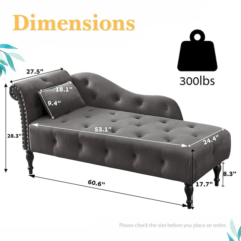 60W Velvet Chaise Lounge, Tufted with Pillow & Nailhead Decorate - 60.6W x 27.5D x 28.3H